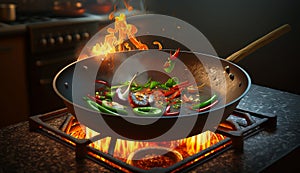 A hot wok with chef in a Chinese kitchen. back view of the chef, Chinese food being cooked in a wok on fire in the Chinese kitchen