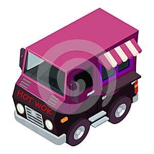 Hot wok icon isometric vector. Bright retro vehicle selling hot wok in street