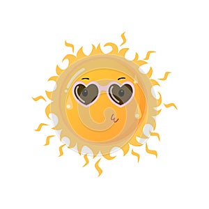 Hot yellow sun in heart-shaped sunglasses sending kiss emoji sticker isolated on white