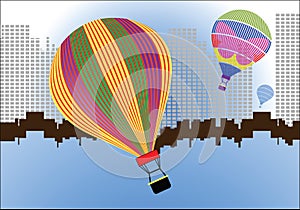 Hotair balloons over pixilated cityscape