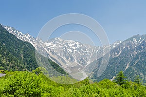 Hotaka mountain range and green tree in spring at kamikochi nagano japan