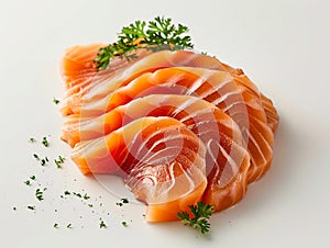 Hotate Sushi Roll and salmon and otoro sashimi with a white backdrop. Sushi with salmon and cucumber on a plate.?