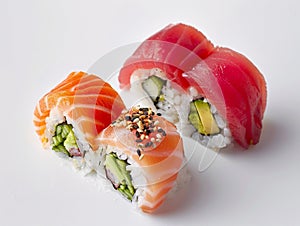 Hotate Sushi Roll and salmon and otoro sashimi with a white backdrop. Sushi with salmon and cucumber on a plate.?