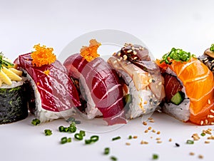 Hotate Sushi Roll and salmon and otoro sashimi with a white backdrop. Sushi with salmon and cucumber on a plate.?