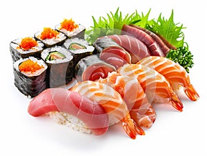 Hotate Sushi Roll and salmon and otoro sashimi with a white backdrop. Sushi with salmon and cucumber on a plate.?