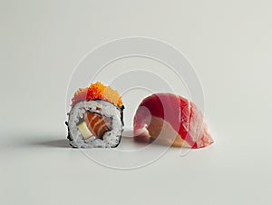 Hotate Sushi Roll and salmon and otoro sashimi with a white backdrop. Sushi with salmon and cucumber on a plate.?