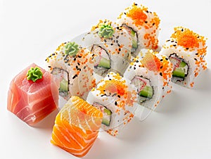 Hotate Sushi Roll and salmon and otoro sashimi with a white backdrop. Sushi with salmon and cucumber on a plate.?