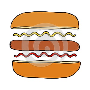 Hotdog. Bun, Sausage, Ketchup, Mustard. Fast Food Collection. Hand Drawn High Quality Traced Vector Illustration. Doodle