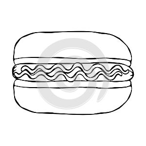 Hotdog. Bun, Sausage, Ketchup, Mustard. Fast Food Collection. Hand Drawn High Quality Traced Vector Illustration. Doodle Style.