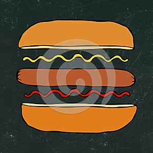 Hotdog. Bun, Sausage, Ketchup, Mustard. Fast Food Collection. Hand Drawn High Quality Traced Vector Illustration. Doodle Style. Bl