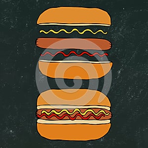 Hotdog. Bun, Sausage, Ketchup, Mustard. Fast Food Collection. Hand Drawn High Quality Traced Vector Illustration. Doodle Style. Bl