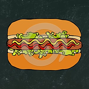 Hotdog. Bun, Sausage, Ketchup, Mustard. Fast Food Collection. Hand Drawn High Quality Traced Vector Illustration. Doodle Style. Bl