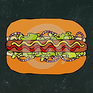 Hotdog. Bun, Sausage, Ketchup, Mustard. Fast Food Collection. Hand Drawn High Quality Traced Vector Illustration. Doodle Style. Bl