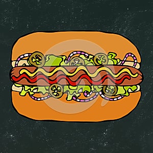 Hotdog. Bun, Sausage, Ketchup, Mustard. Fast Food Collection. Hand Drawn High Quality Traced Vector Illustration. Doodle Style. Bl