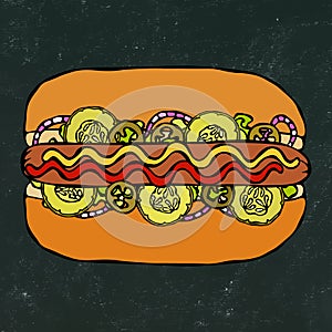 Hotdog. Bun, Sausage, Ketchup, Mustard. Fast Food Collection. Hand Drawn High Quality Traced Vector Illustration. Doodle Style. Bl