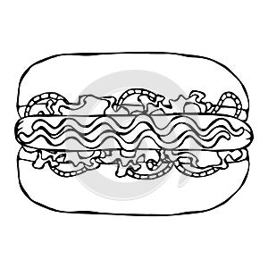 Hotdog. Bun, Sausage, Ketchup, Mustard, Salad Leave Herbs, Red Onion. Fast Food Collection. Hand Drawn High Quality Traced Vector