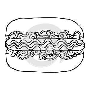 Hotdog. Bun, Sausage, Ketchup, Mustard, Salad Leave Herbs, Red Onion. Fast Food Collection. Hand Drawn High Quality Traced Vector