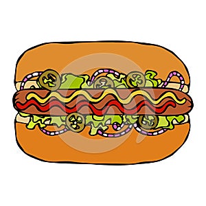 Hotdog. Bun, Sausage, Ketchup, Mustard, Salad Leave Herbs, Red Onion, Jalapeno Pepper. Fast Food Collection. Hand Drawn