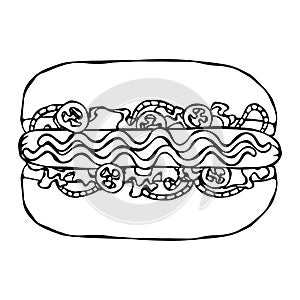 Hotdog. Bun, Sausage, Ketchup, Mustard, Salad Leave Herbs, Red Onion, Jalapeno Pepper. Fast Food Collection. Hand Drawn High Quali