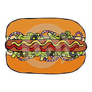 Hotdog. Bun, Sausage, Ketchup, Mustard, Salad Leave Herbs, Red Onion, Olives. Fast Food Collection. Hand Drawn High