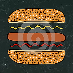 Hotdog. Bun with Sesame, Sausage, Ketchup, Mustard. Fast Food Collection. Black Chalkboard. Hand Drawn High Quality Vector Illustr