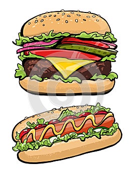 Hotdog and burger illustration fast food, photo