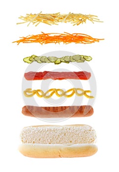 Hotdog with different ingredients isolated