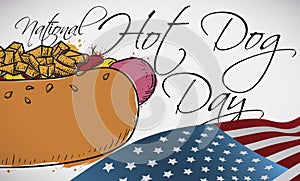 Hotdog Draw and U.S.A. Flag ready for Hot Dog Day, Vector Illustration