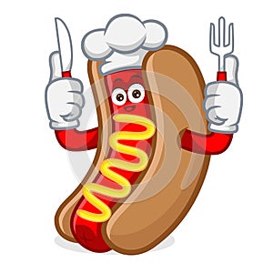 Hotdog mascot cartoon illustration hold fork and knife