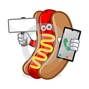 Hotdog mascot cartoon illustration hold phone and blank sign