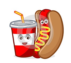 Hotdog mascot cartoon illustration wirh a soft drink