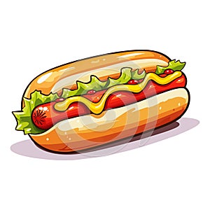 Hotdog with mustard and greenery. Cartoon style. Vector illustration.