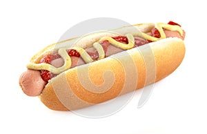 American hotdog with mustard isolated on white photo