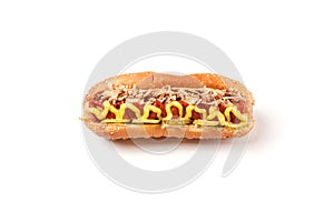 Hotdog with mustard on a white background