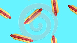 Hotdog us blue background, vector illustration, pattern. bun with sausage, ketchup. favorite snack. wallpaper for restaurant, cafe