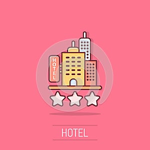 Hotel 3 stars sign icon in comic style. Inn building cartoon vector illustration on isolated background. Hostel room splash effect