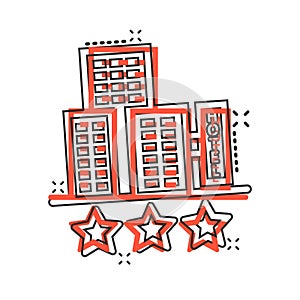 Hotel 3 stars sign icon in comic style. Inn building cartoon vector illustration on white isolated background. Hostel room splash