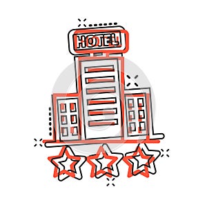 Hotel 3 stars sign icon in comic style. Inn building cartoon vector illustration on white isolated background. Hostel room splash