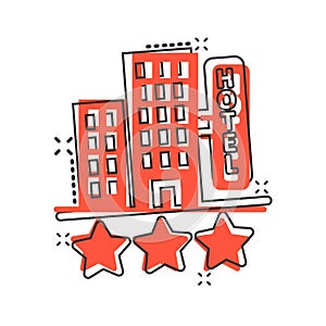 Hotel 3 stars sign icon in comic style. Inn building cartoon vector illustration on white isolated background. Hostel room splash