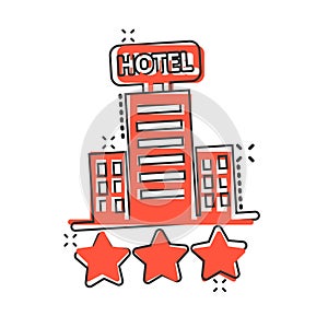 Hotel 3 stars sign icon in comic style. Inn building cartoon vector illustration on white isolated background. Hostel room splash