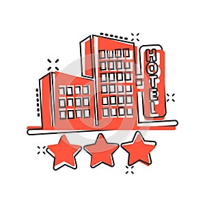Hotel 3 stars sign icon in comic style. Inn building cartoon vector illustration on white isolated background. Hostel room splash