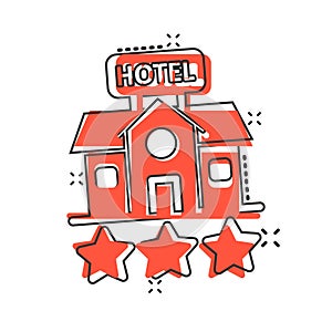 Hotel 3 stars sign icon in comic style. Inn building cartoon vector illustration on white isolated background. Hostel room splash