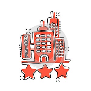 Hotel 3 stars sign icon in comic style. Inn building cartoon vector illustration on white isolated background. Hostel room splash