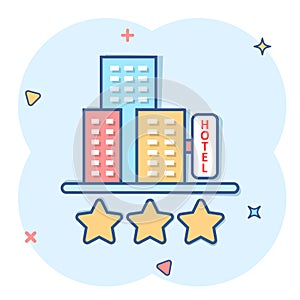 Hotel 3 stars sign icon in comic style. Inn building cartoon vector illustration on white isolated background. Hostel room splash