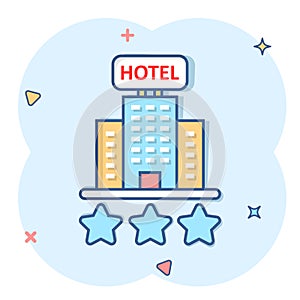 Hotel 3 stars sign icon in comic style. Inn building cartoon vector illustration on white isolated background. Hostel room splash