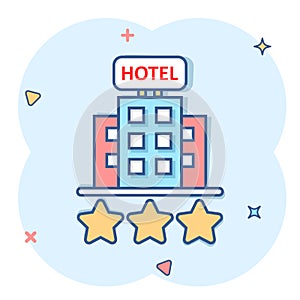 Hotel 3 stars sign icon in comic style. Inn building cartoon vector illustration on white isolated background. Hostel room splash