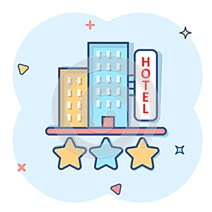 Hotel 3 stars sign icon in comic style. Inn building cartoon vector illustration on white isolated background. Hostel room splash