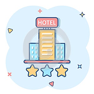 Hotel 3 stars sign icon in comic style. Inn building cartoon vector illustration on white isolated background. Hostel room splash