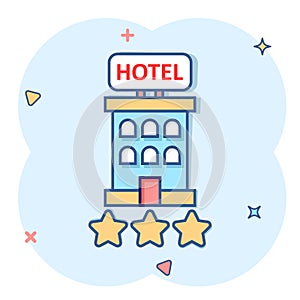 Hotel 3 stars sign icon in comic style. Inn building cartoon vector illustration on white isolated background. Hostel room splash