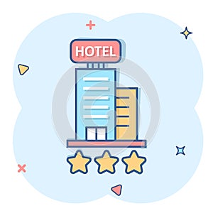 Hotel 3 stars sign icon in comic style. Inn building cartoon vector illustration on white isolated background. Hostel room splash